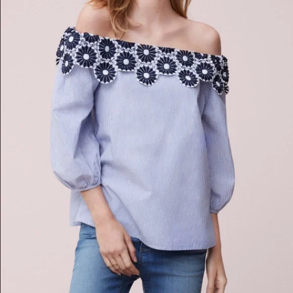LOFT Blue and Black Off-Shoulder Top - Picture 2 of 6
